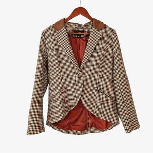 H&M Houndstooth Wool Blend Single Button Elbow Patch Riding Jacket Blazer 12